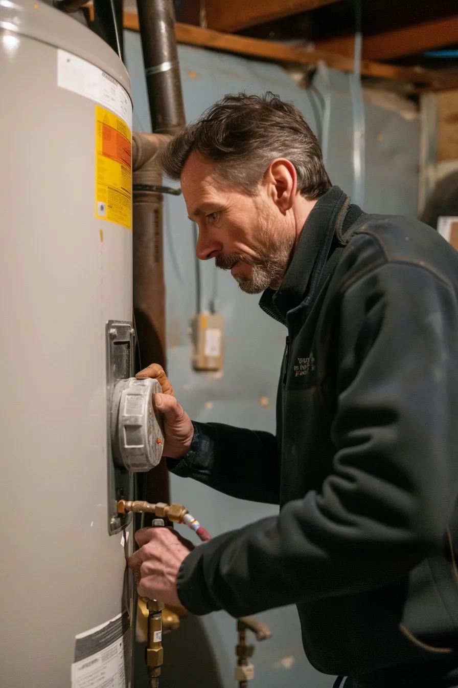 A homeowner inspecting a dripping water heater, highlighting the importance of timely repairs and professional service