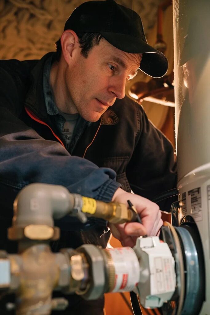 A homeowner carefully turning off the water supply to a water heater before attempting a repair