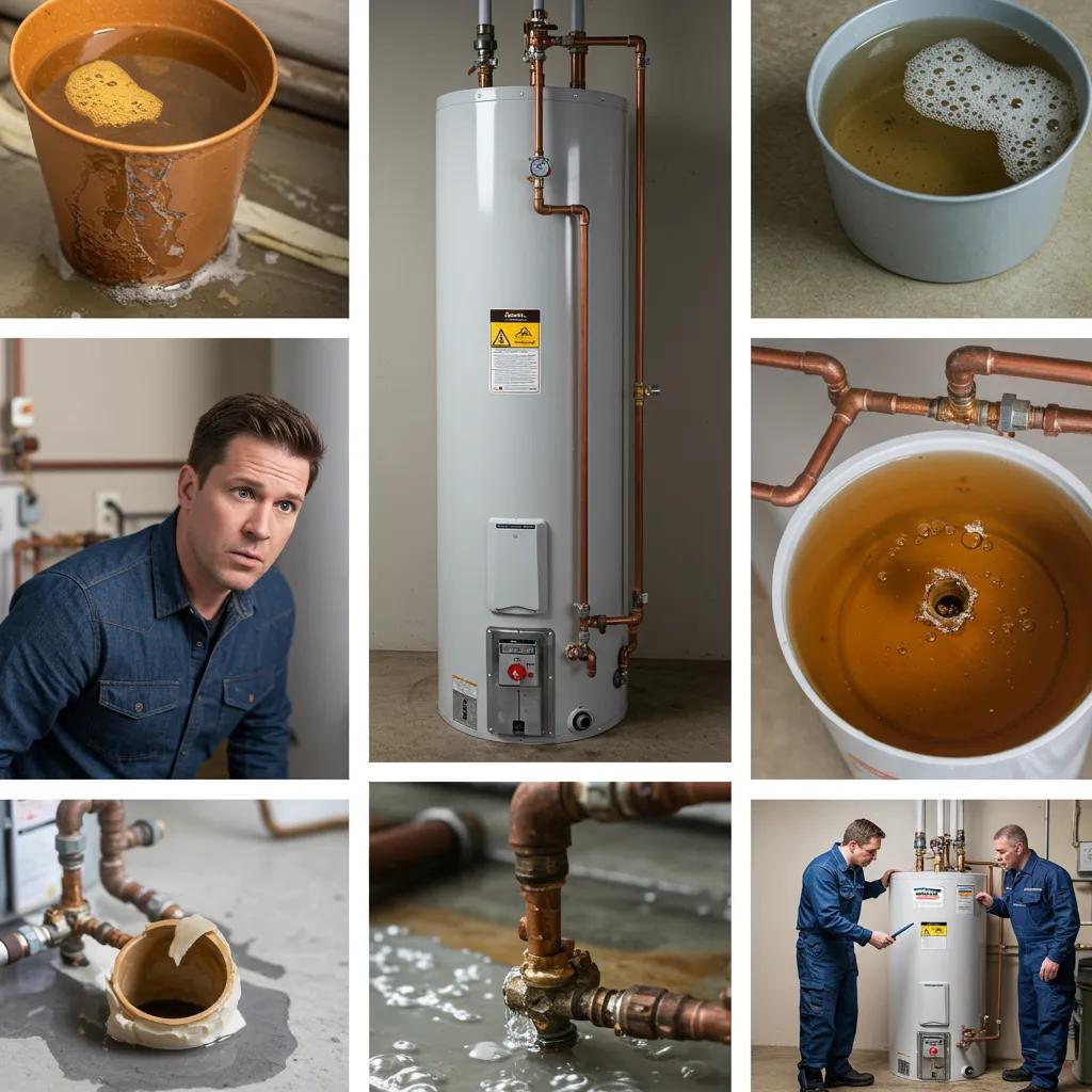 Close-up of a water heater base showing pooling water and rust stains, indicating a potential leak