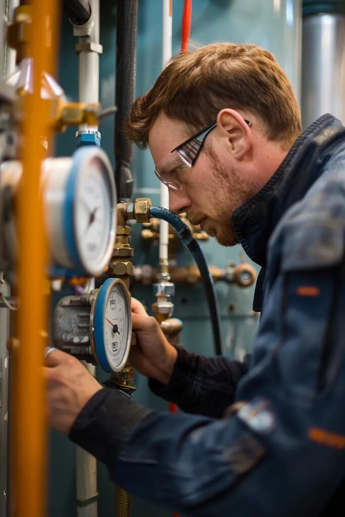 Technician reviewing a boiler pressure gauge while following safe troubleshooting steps