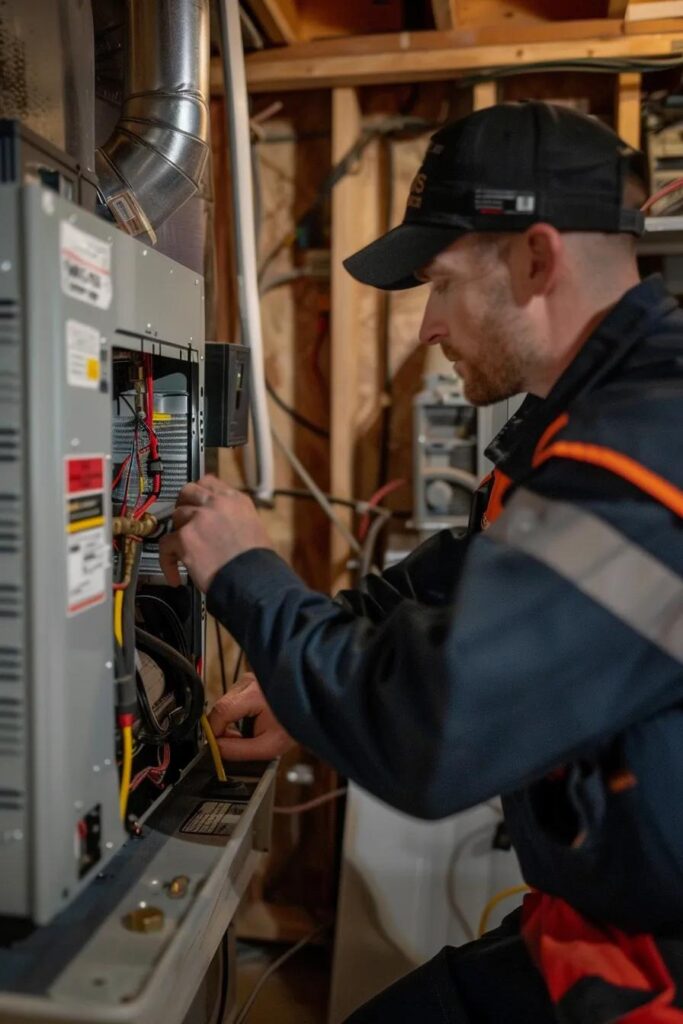 Technician checking a furnace filter and thermostat during troubleshooting