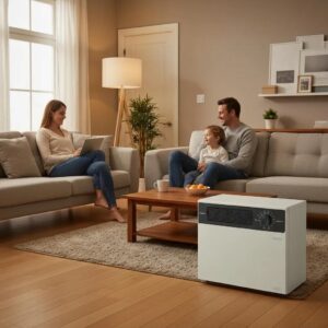 Cozy living room showcasing a modern heating system and warm home comfort