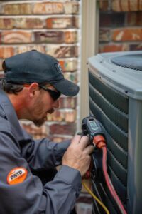 DT Heating and Cooling technician performing a seasonal AC tune-up on a home unit