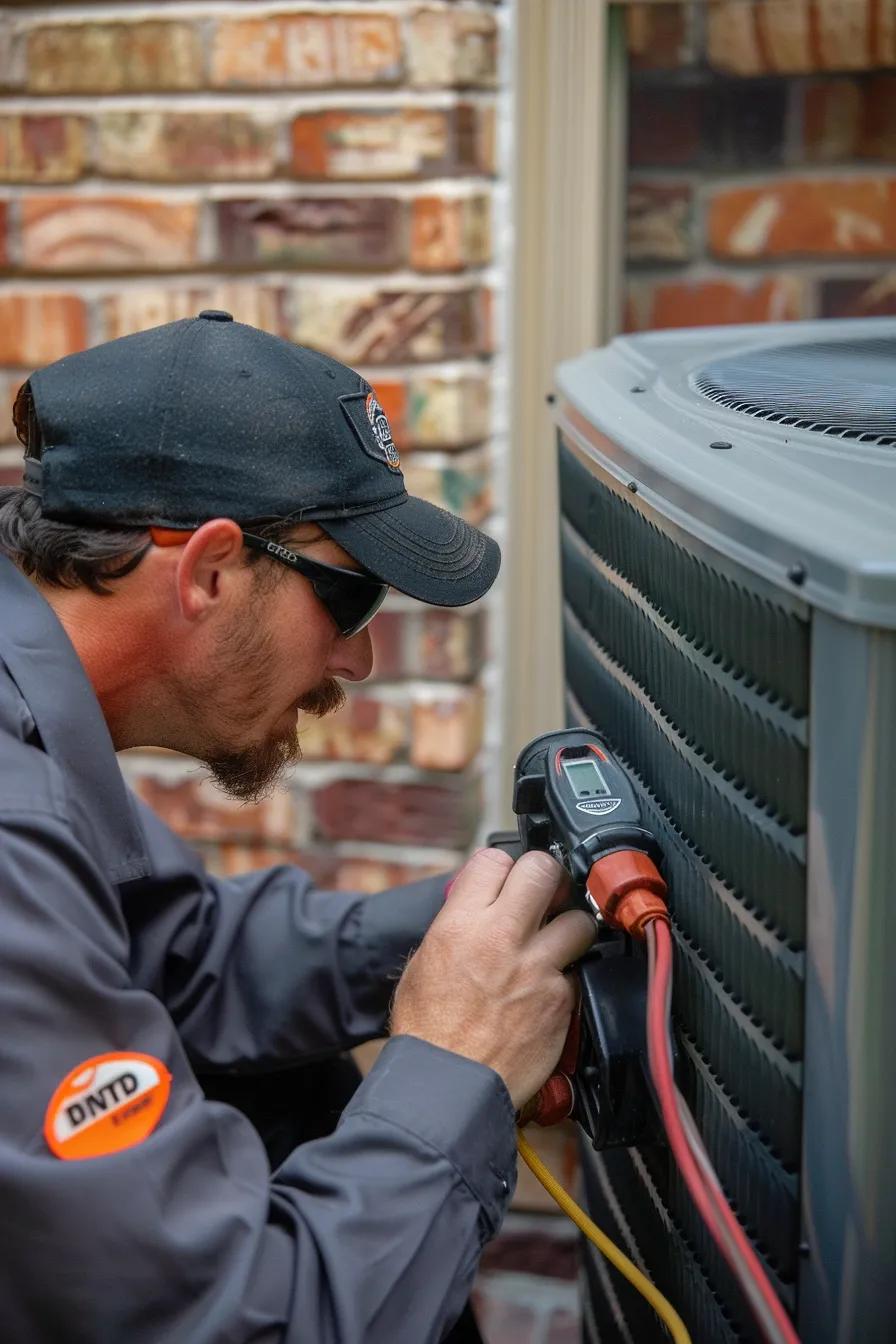 DT Heating and Cooling technician performing a seasonal AC tune-up on a home unit