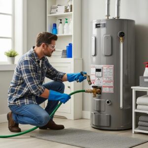 Homeowner performing water heater flushing maintenance in a clean utility room