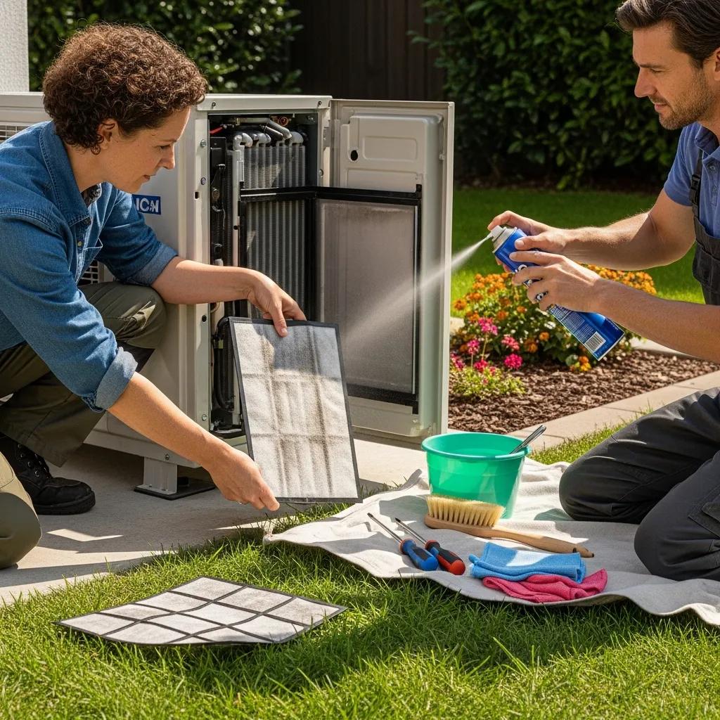 Homeowner performing maintenance on a heat pump, changing filters and cleaning coils