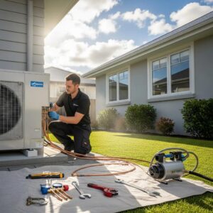 Professional technician installing a modern heat pump in a residential setting
