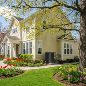 Spring home maintenance with a well-kept yard featuring blooming flowers and an HVAC unit outside a yellow house.