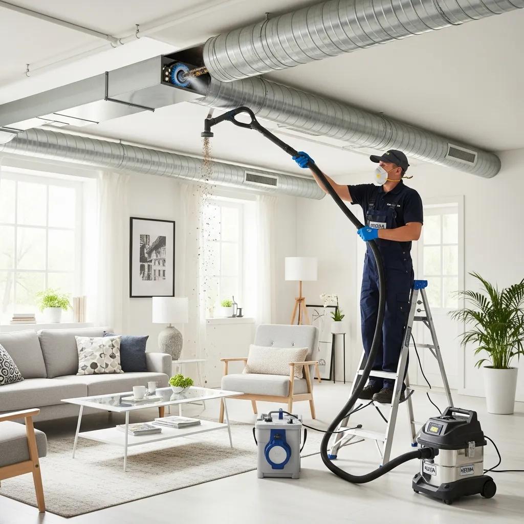 Professional air duct cleaning service in a modern living room enhancing indoor air quality