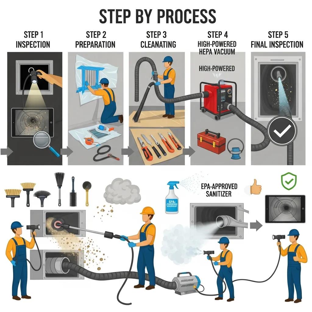Professional Air Duct Cleaning Services for Clean Air Ducts Step-by-step process of professional air duct cleaning highlighting key techniques and tools