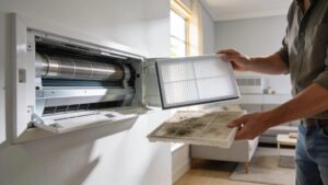 Homeowner changing HVAC air filter in a bright living room to improve indoor air quality