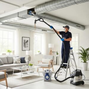 Professional air duct cleaning service in a modern living room enhancing indoor air quality